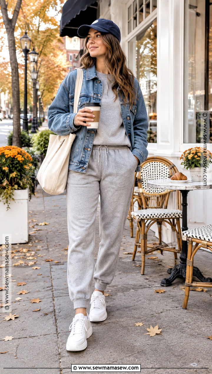 Denim Jacket And Matching Sweat Set Outfit - 25 fall lounge outfits