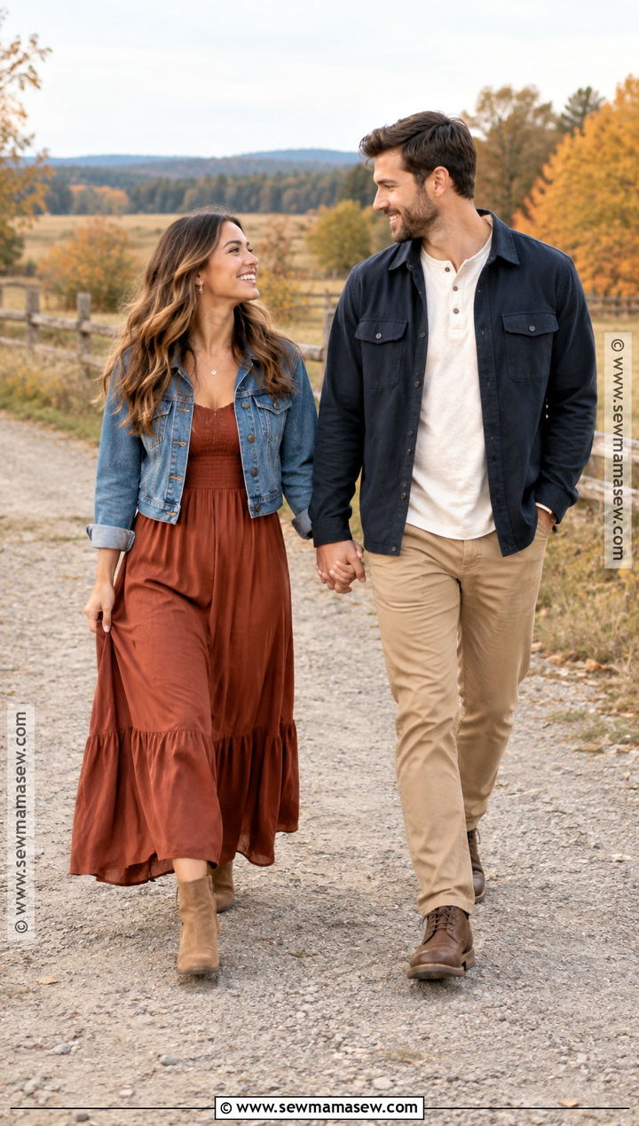 Denim Jacket And Maxi Dress Engagement Outfit - 15 engagement photoshoot outfit fall ideas