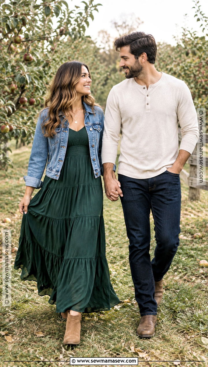 Denim Jacket And Maxi Dress Fall Engagement Outfit - 20 fall engagement pictures outfit outdoor ideas