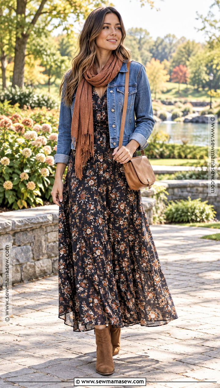 Denim Jacket And Maxi Dress Fall Outfit - 15 fall weather clothes