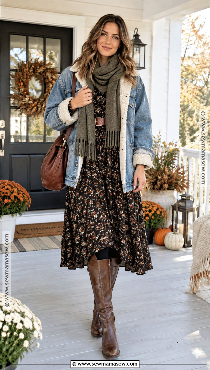 Denim Jacket And Maxi Dress Fall Outfit - 15 Cute Fall Outfits For Cold Weather