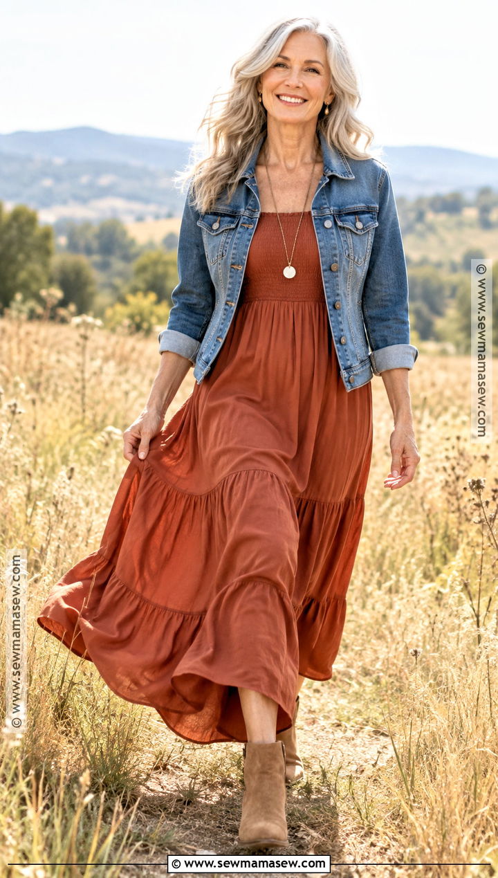 Denim Jacket And Maxi Dress Fall Senior Picture Outfit - 25 senior pictures outfits fall