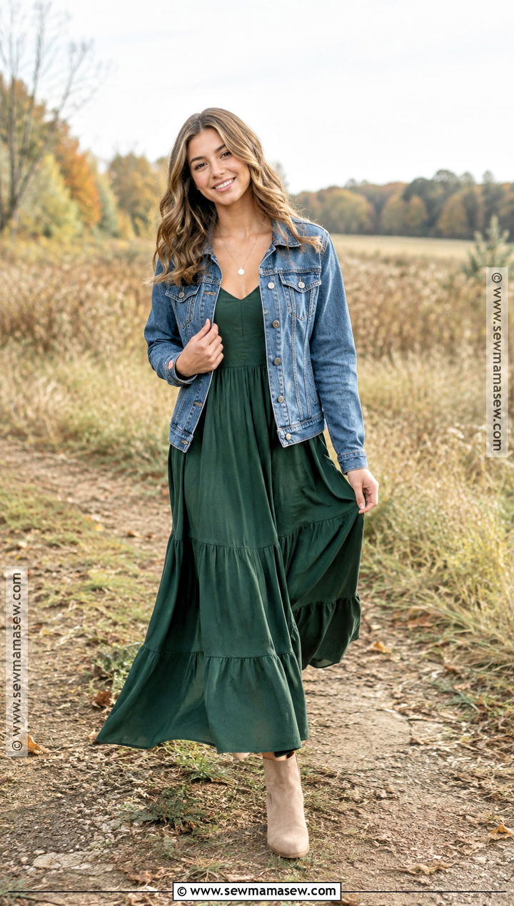Denim Jacket And Maxi Dress Fall Senior Pictures Outfit - 25 fall senior pictures outfits