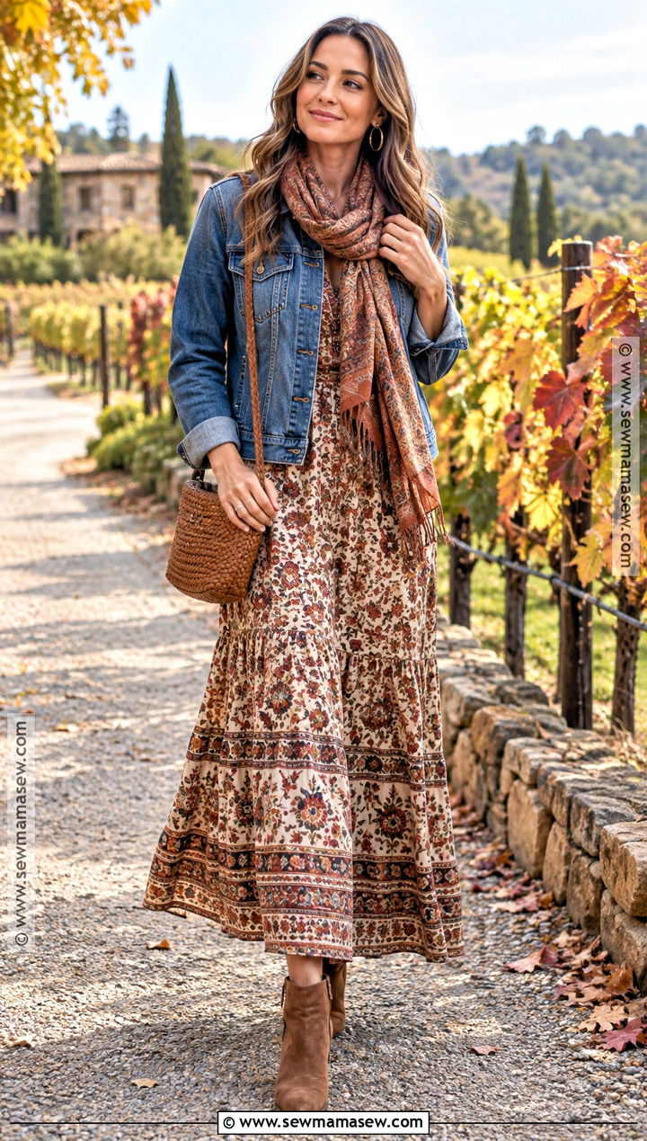 Denim Jacket And Maxi Dress Fall Wine Tour Outfit - 20 wine tour outfit fall ideas