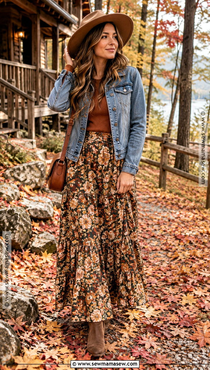Denim Jacket And Maxi Skirt Cabin Outfit - 25 cabin outfit fall ideas