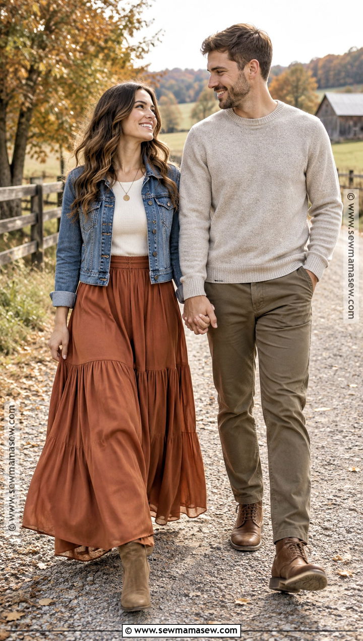 Denim Jacket And Maxi Skirt Fall Engagement Outfit - 25 fall engagement pictures outfit ideas