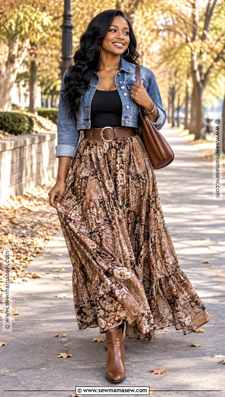 Denim Jacket And Maxi Skirt Fall Outfit - 30 fall outfits for black women