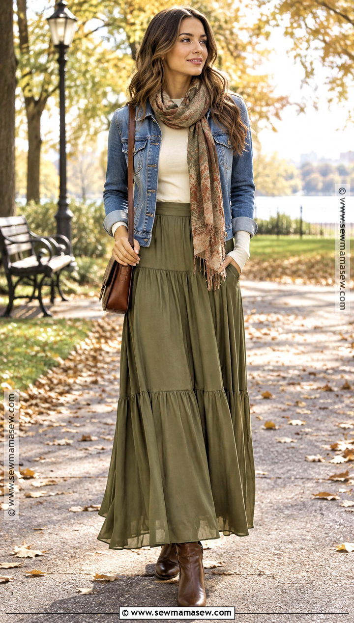 Denim Jacket And Maxi Skirt Fall Outfit - 25 fallwinter outfits