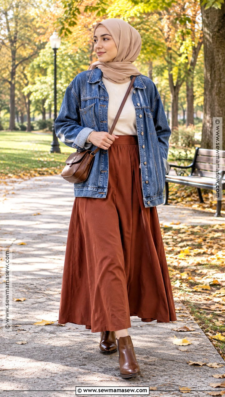 Denim Jacket And Maxi Skirt Hijab Outfit - 15 hijab outfit autum ideas