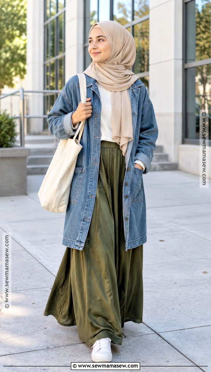 Denim Jacket And Maxi Skirt Hijabi Outfit - 20 Back To School Hijabi Outfits