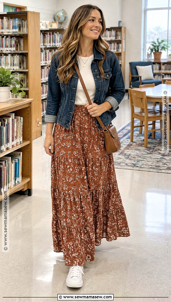 Denim Jacket And Maxi Skirt Teacher Fall Outfit - 25 teacher fall outfits