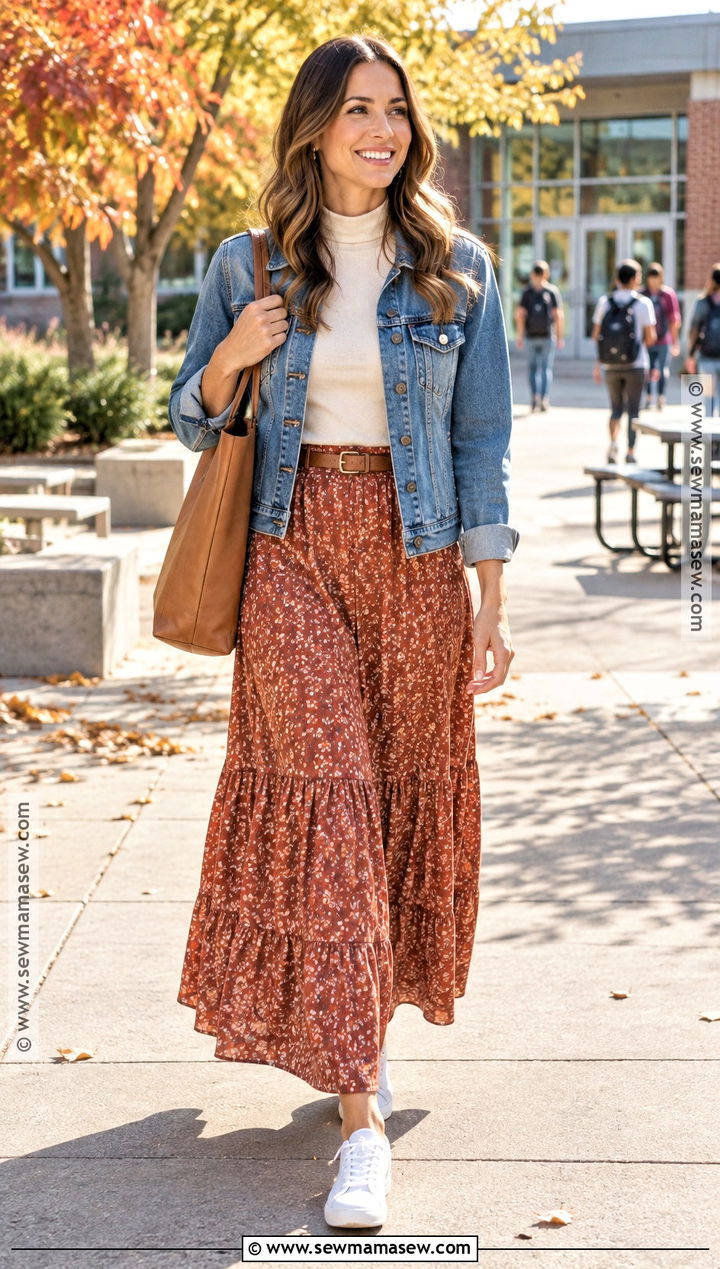 Denim Jacket And Maxi Skirt Teacher Outfit - 15 fall work outfits for teachers