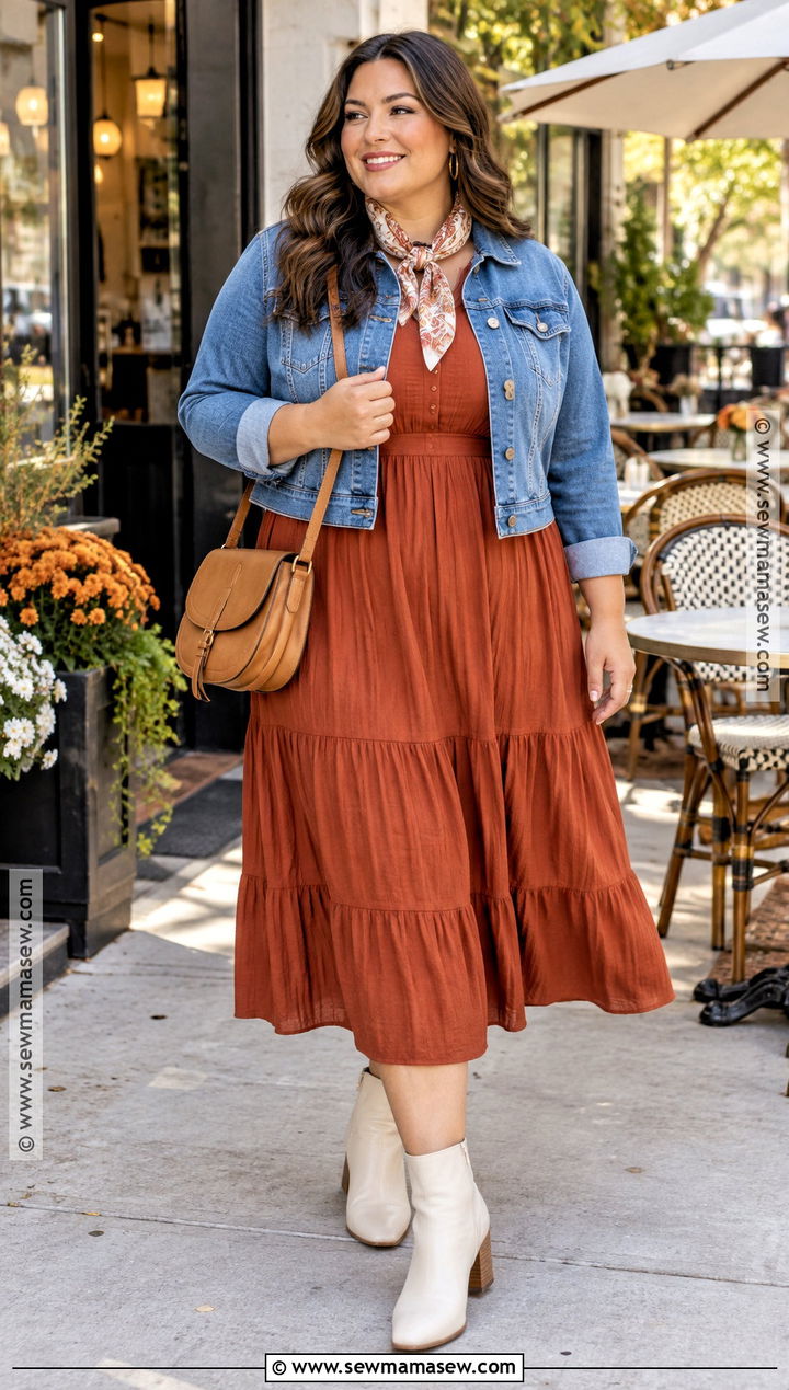 Denim Jacket And Midi Dress Autumn Outfit - 20 easy autumn outfits