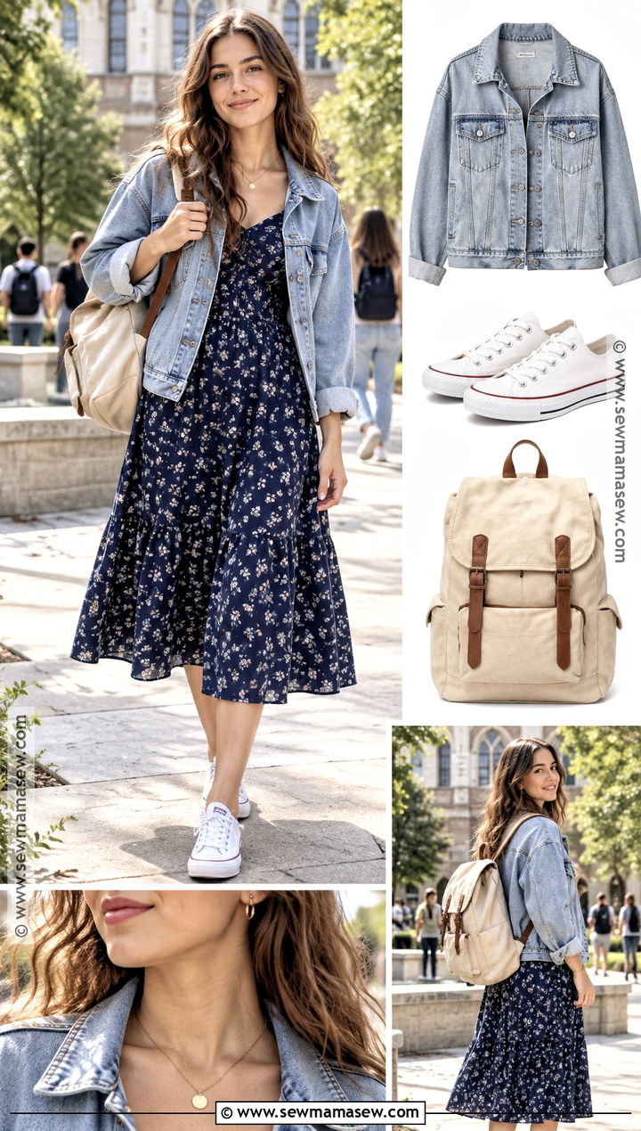 Denim Jacket And Midi Dress Back To School Outfit - 15 back to school outfit collage ideas
