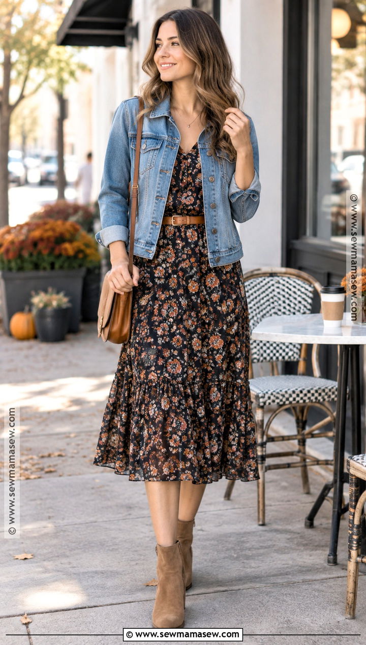 Denim Jacket And Midi Dress Coffee Date Outfit - 20 coffee date outfit fall ideas