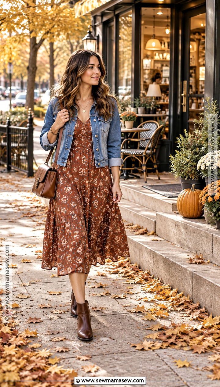 Denim Jacket And Midi Dress Coffee Outfit - 20 Fall Coffee Outfit Ideas