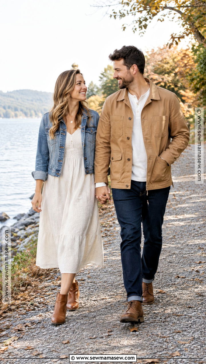 Denim Jacket And Midi Dress Engagement Photo Outfit - 15 engagement photo shoot outfits fall