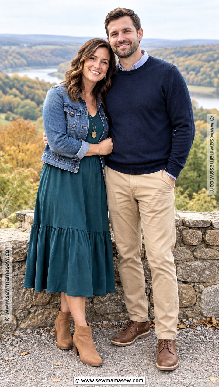 Denim Jacket And Midi Dress Engagement Shoot Outfit - 15 engagement shoot fall outfits