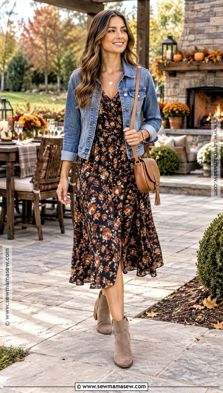 Denim Jacket And Midi Dress Fall BBQ Outfit - 20 fall bbq outfit ideas