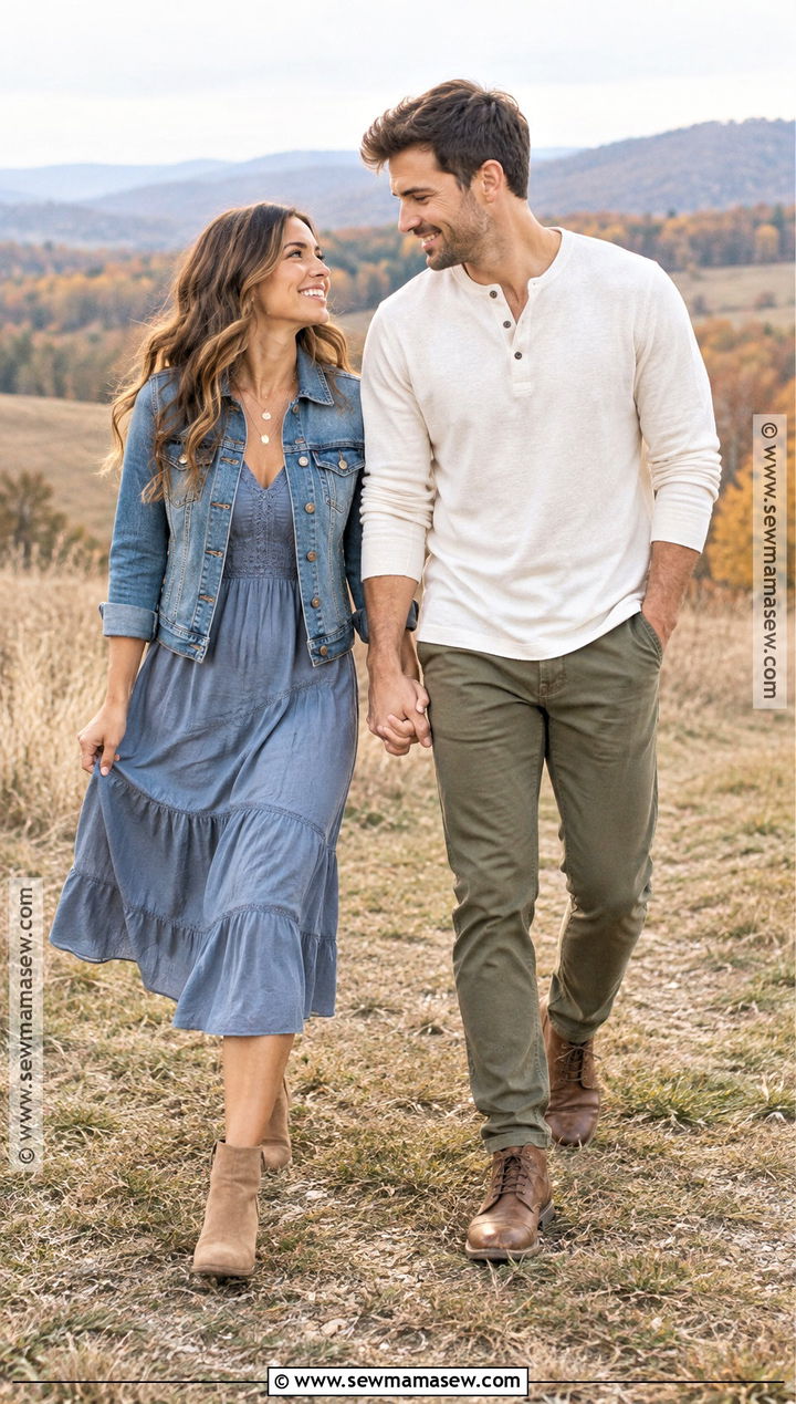 Denim Jacket And Midi Dress Fall Engagement Photo Outfit - 15 fall outfits engagement photos