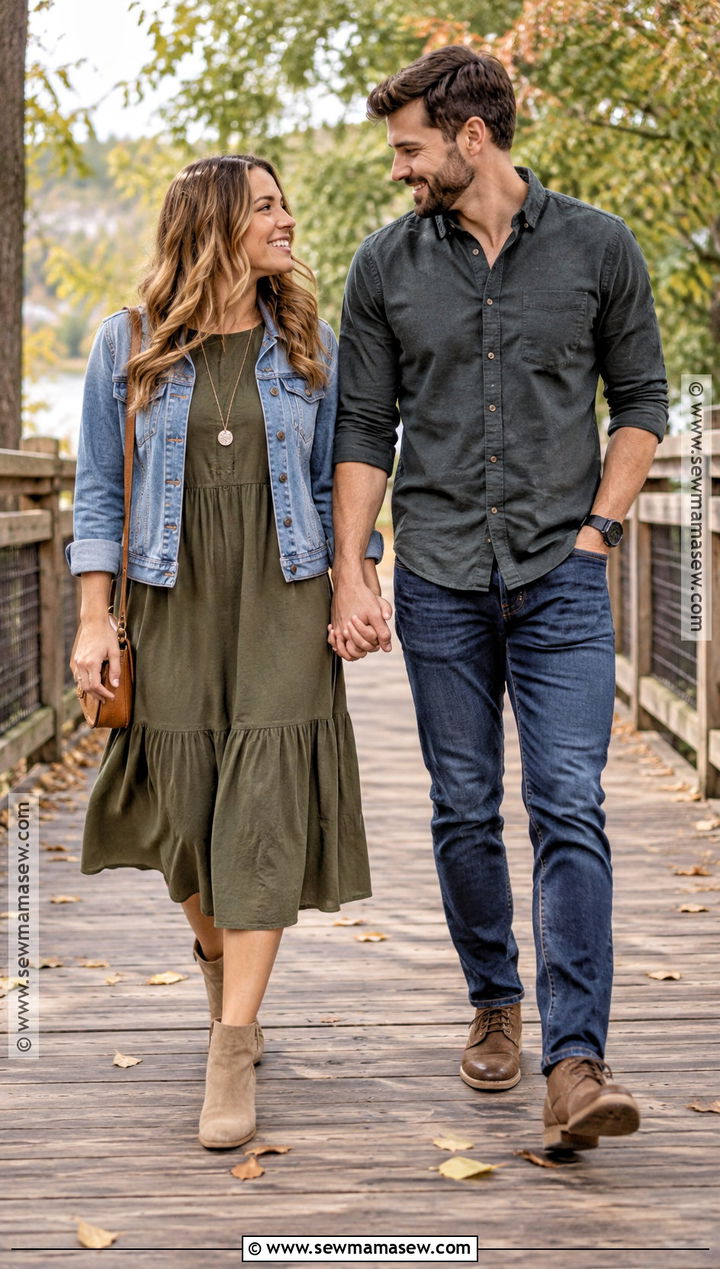 Denim Jacket And Midi Dress Fall Engagement Photoshoot Outfit - 15 engament photoshoot outfit fall ideas