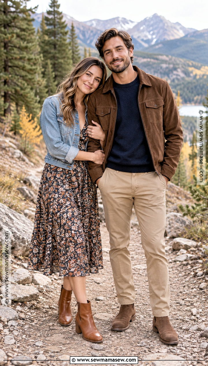 Denim Jacket And Midi Dress Fall Mountain Engagement Outfit - 15 engagement photos outfits fall mountains