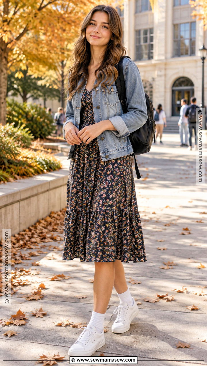 Denim Jacket And Midi Dress Fall School Outfit - 15 cute fall back to school outfits