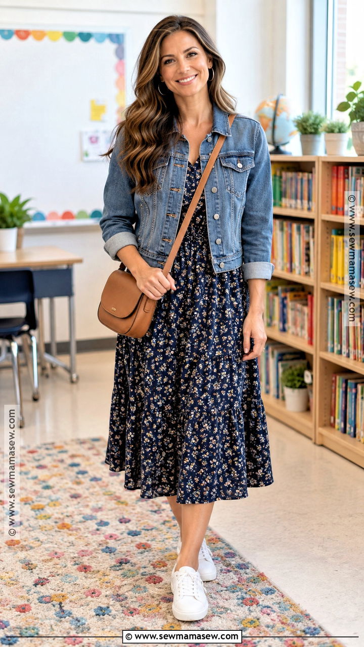 Denim Jacket And Midi Dress Fall Teacher Outfit - 20 fall outfit ideas for teachers