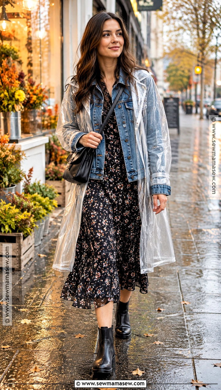 Denim Jacket And Midi Dress Rainy Autumn Outfit - 20 rainy day autumn outfit ideas