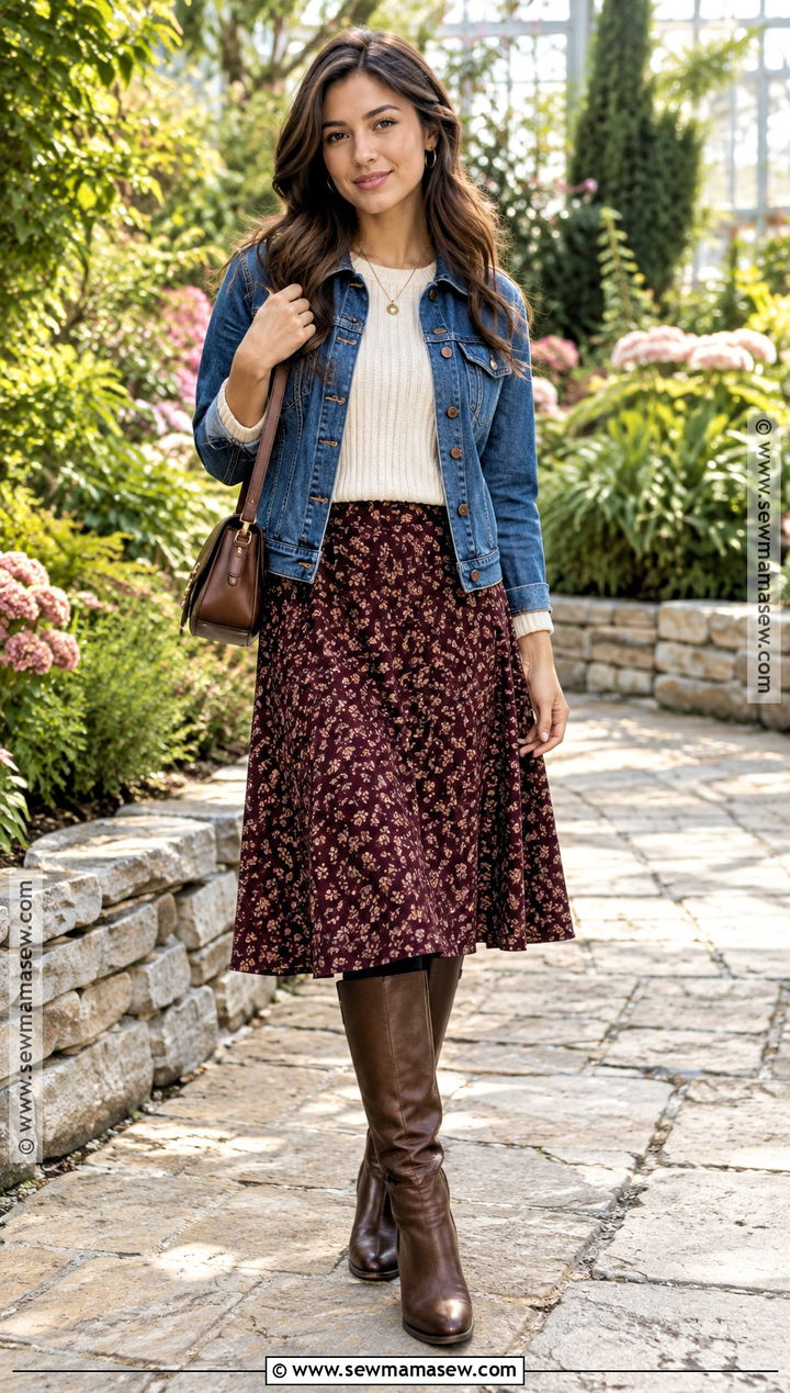 Denim Jacket And Midi Skirt Autumn Outdoor Outfit - 20 autumn outdoor outfits