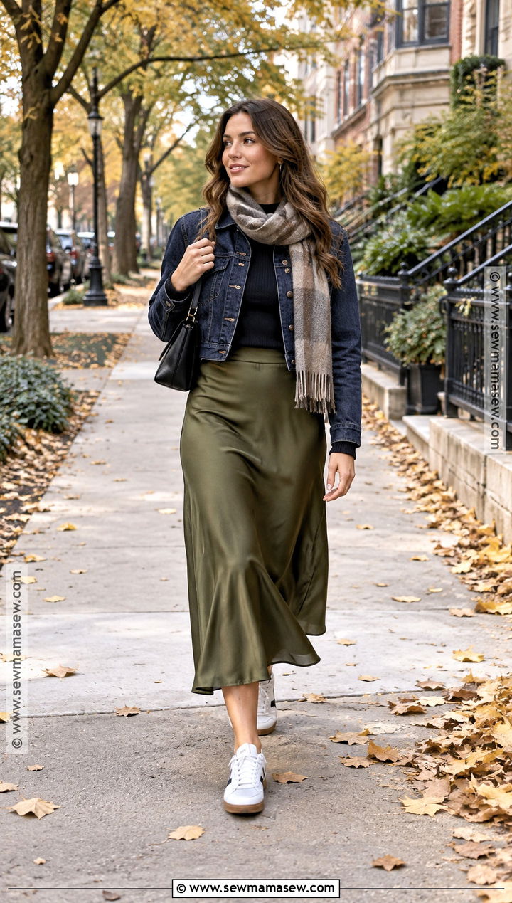 Denim Jacket And Midi Skirt Chicago Fall Outfit - 15 fall outfits in chicago