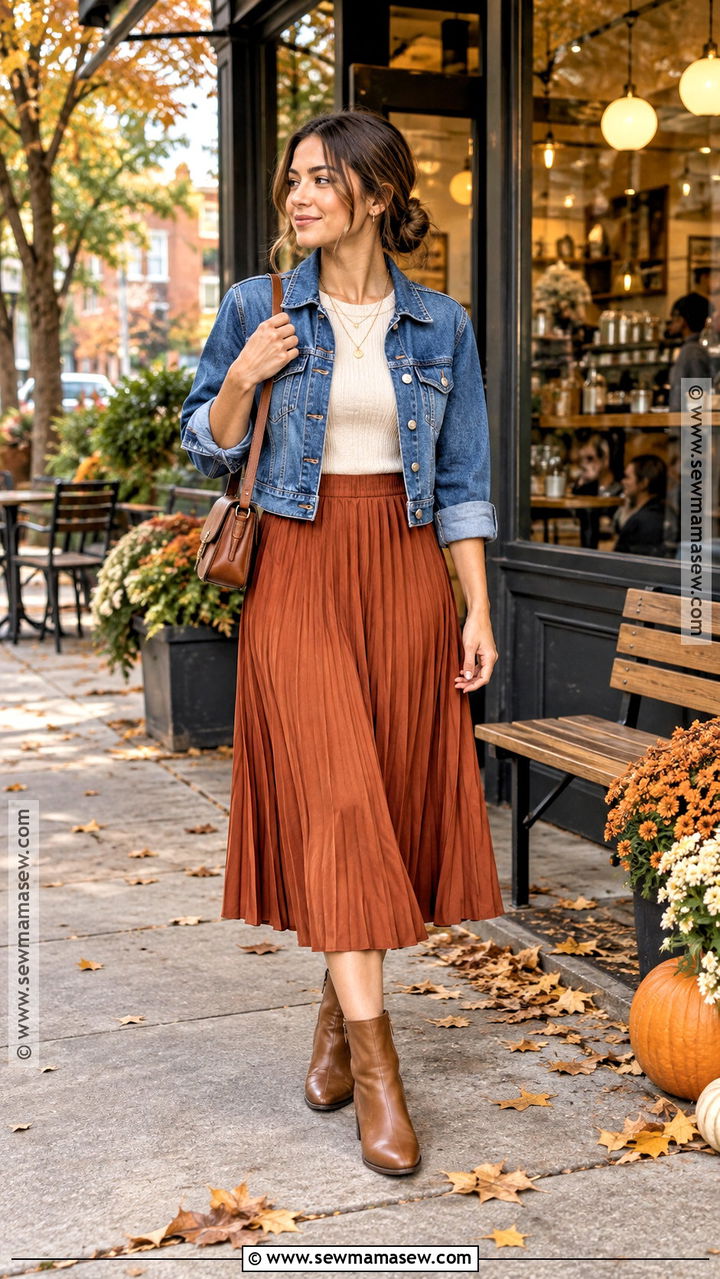 Denim Jacket And Midi Skirt Coffee Shop Outfit - 20 Fall Coffee Shop Outfit Ideas
