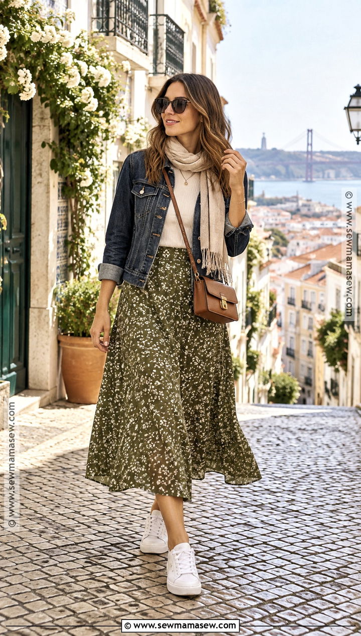 Denim Jacket And Midi Skirt Europe October Outfit - 15 Europe Travel Outfits October
