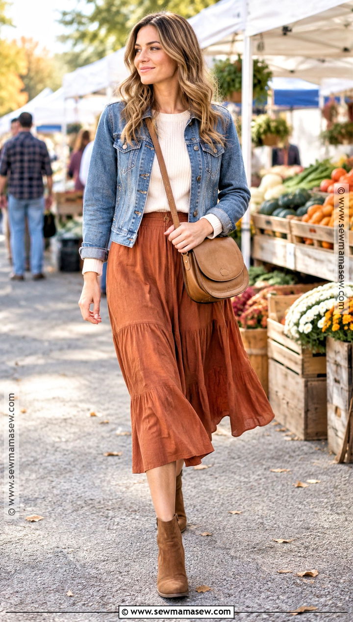 Denim Jacket And Midi Skirt Fall Outfit - 15 Fall Outfit Instagram Pictures Ideas
