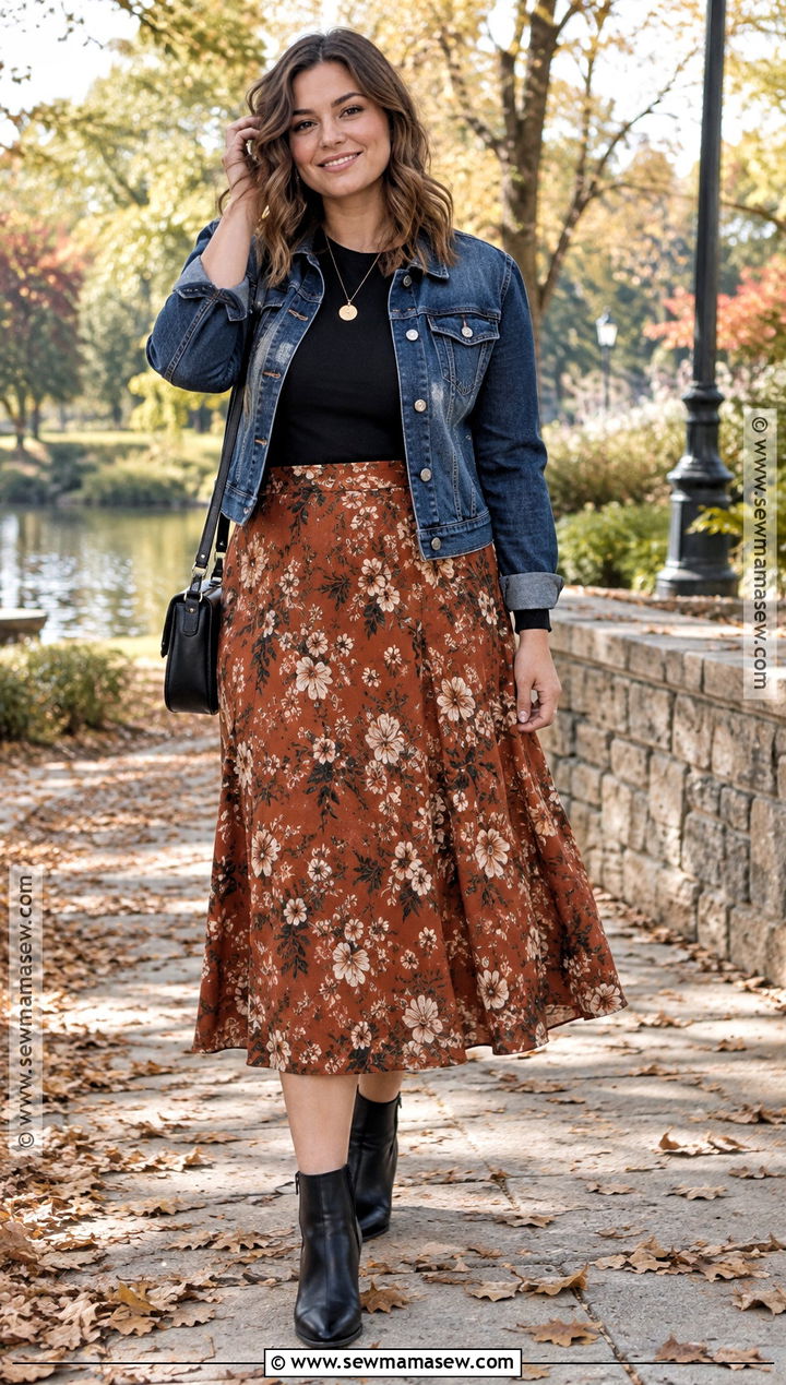 Denim Jacket And Midi Skirt Fall Outfit - 20 Mid Sized Fall Outfits