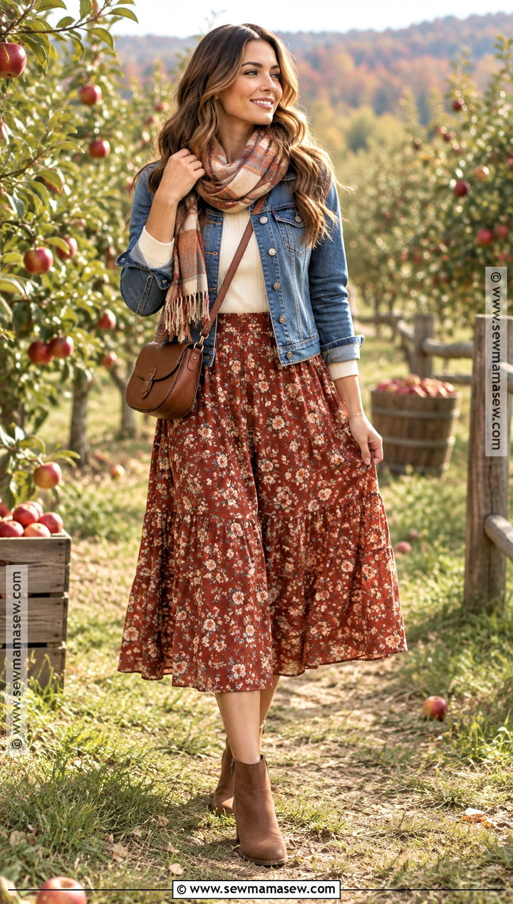 Denim Jacket And Midi Skirt Fall Outfit - 20 outdoor fall outfits