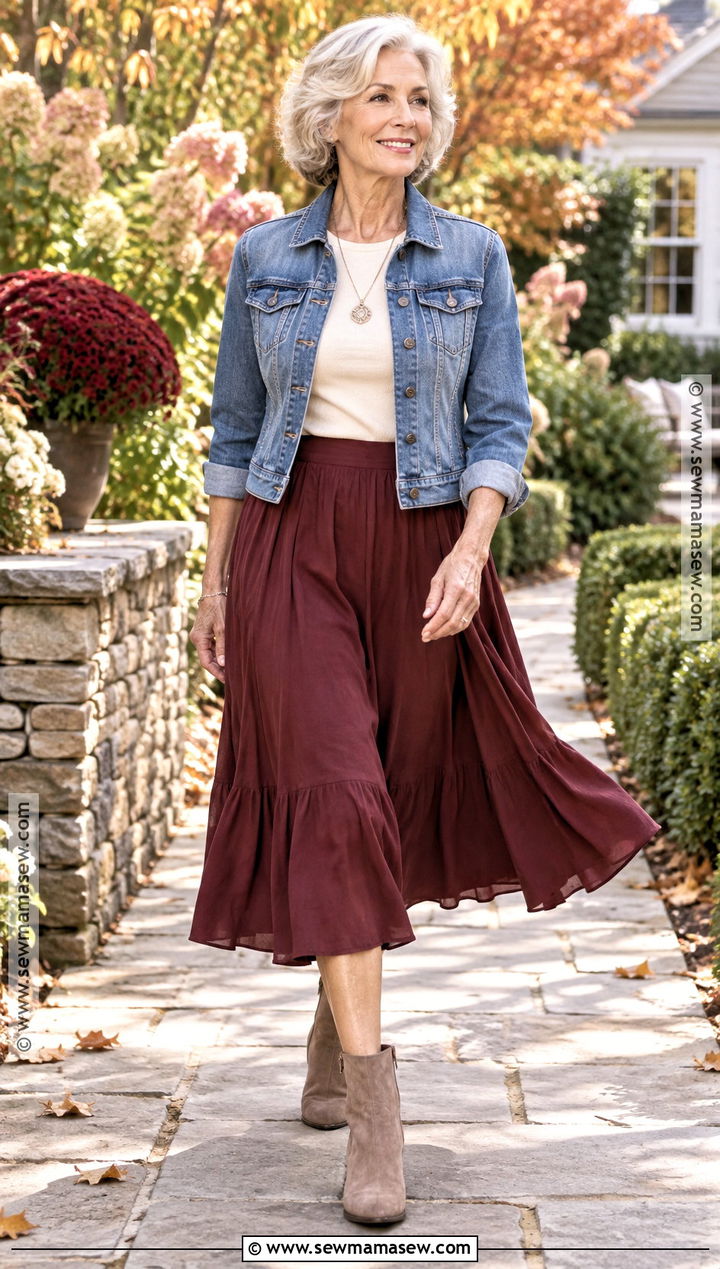 Denim Jacket And Midi Skirt Fall Senior Picture Outfit - 20 Fall Senior Picture Ideas Outfits