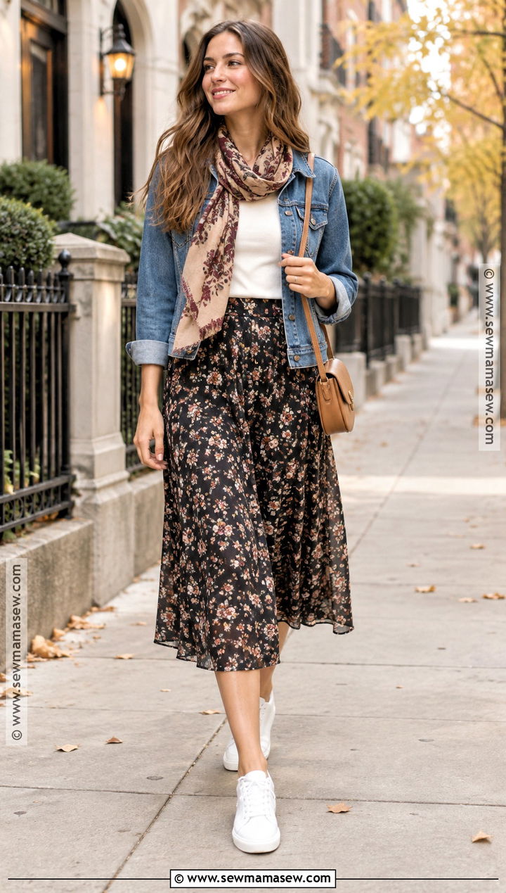 Denim Jacket And Midi Skirt Fall Travel Outfit - 15 Fall Travel Clothes