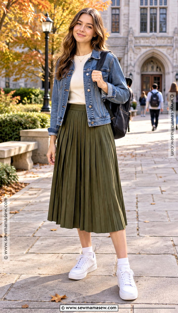 Denim Jacket And Midi Skirt School Outfit - 25 fall fits for school