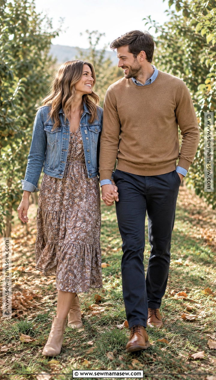 Denim Jacket And Neutral Dress Couples Fall Photoshoot Outfit - 25 couples fall photoshoot outfits