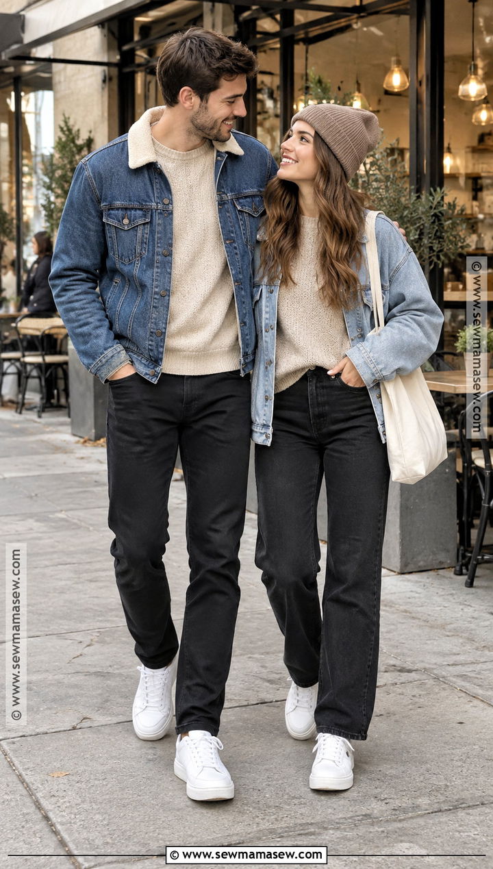 Denim Jacket And Neutral Knit Autumn Couple Outfit - 20 autumn couple outfit ideas