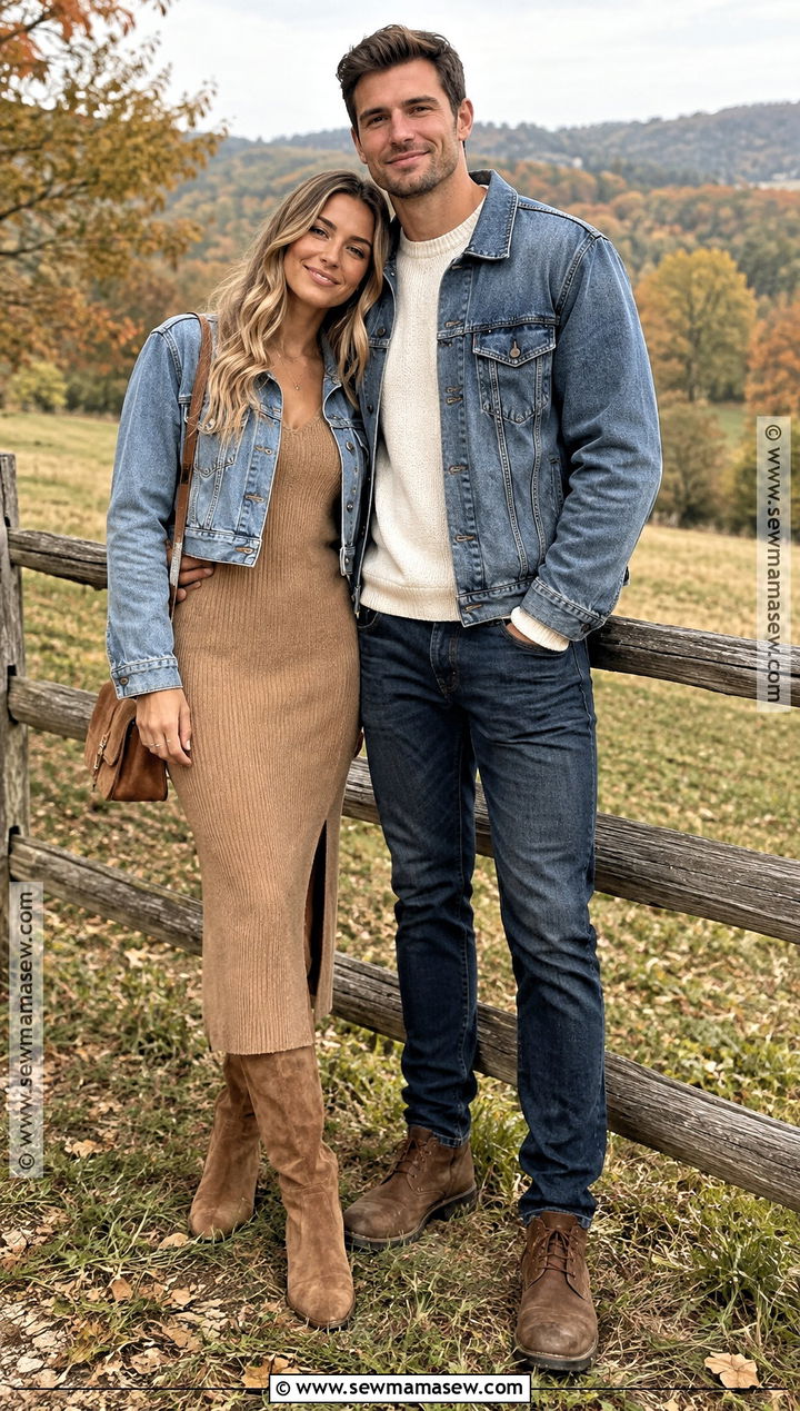 Denim Jacket And Neutral Knit Couple Outfit - 15 Couple Picture Outfit Ideas Fall