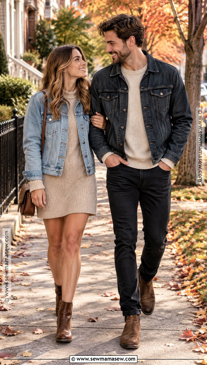 Denim Jacket And Neutral Knit Fall Couple Outfit - 20 fall pictures for couples outfits