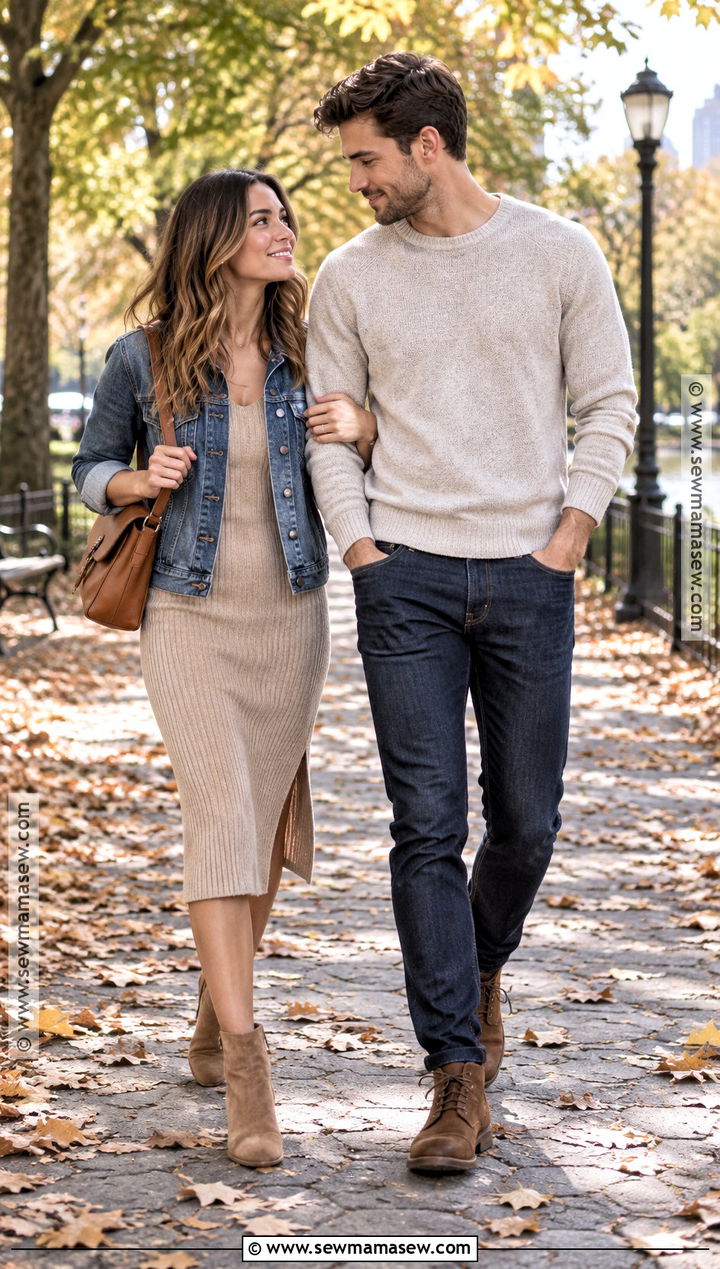 Denim Jacket And Neutral Knit Fall Couples Photo Outfit - 20 Fall Outfits Couples Photo Ideas
