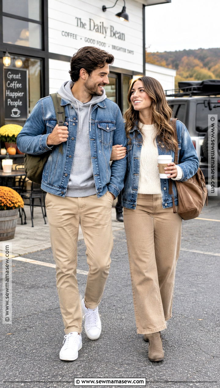 Denim Jacket And Neutral Pants Couple Outfit - 20 fall matching outfits for couples