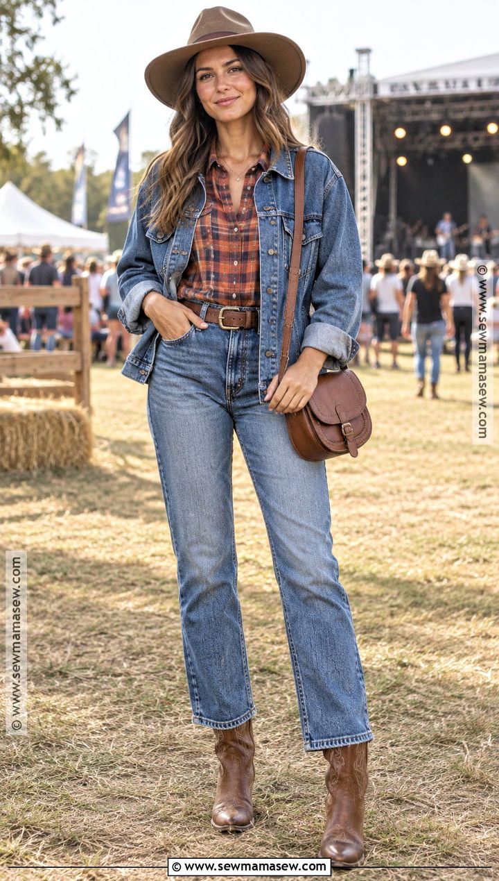 Denim Jacket And Plaid Shirt Country Festival Outfit - 15 Fall Country Festival Outfit Ideas