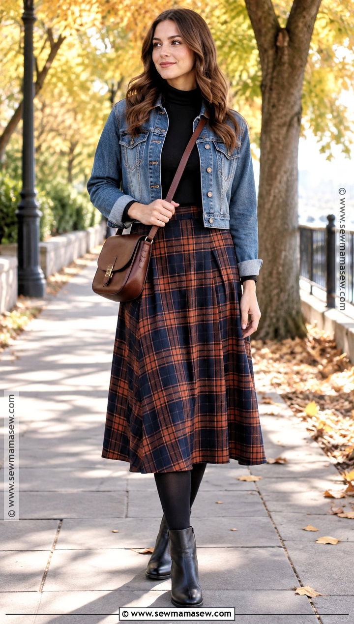 Denim Jacket And Plaid Skirt Fall Outfit - 30 fall outfits