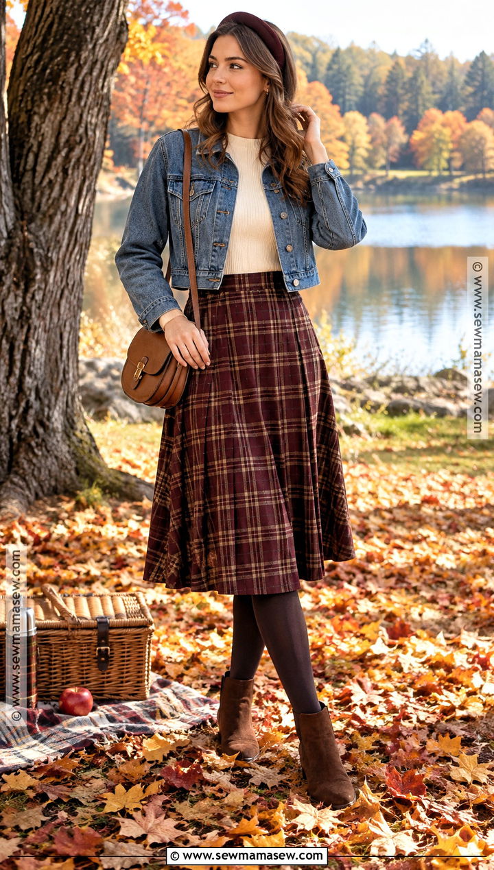 Denim Jacket And Plaid Skirt Picnic Outfit - 25 autumn picnic outfit ideas