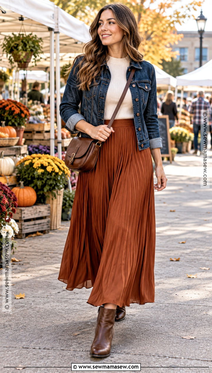 Denim Jacket And Pleated Maxi Skirt Fall Outfit - 20 modest fall fashion ideas