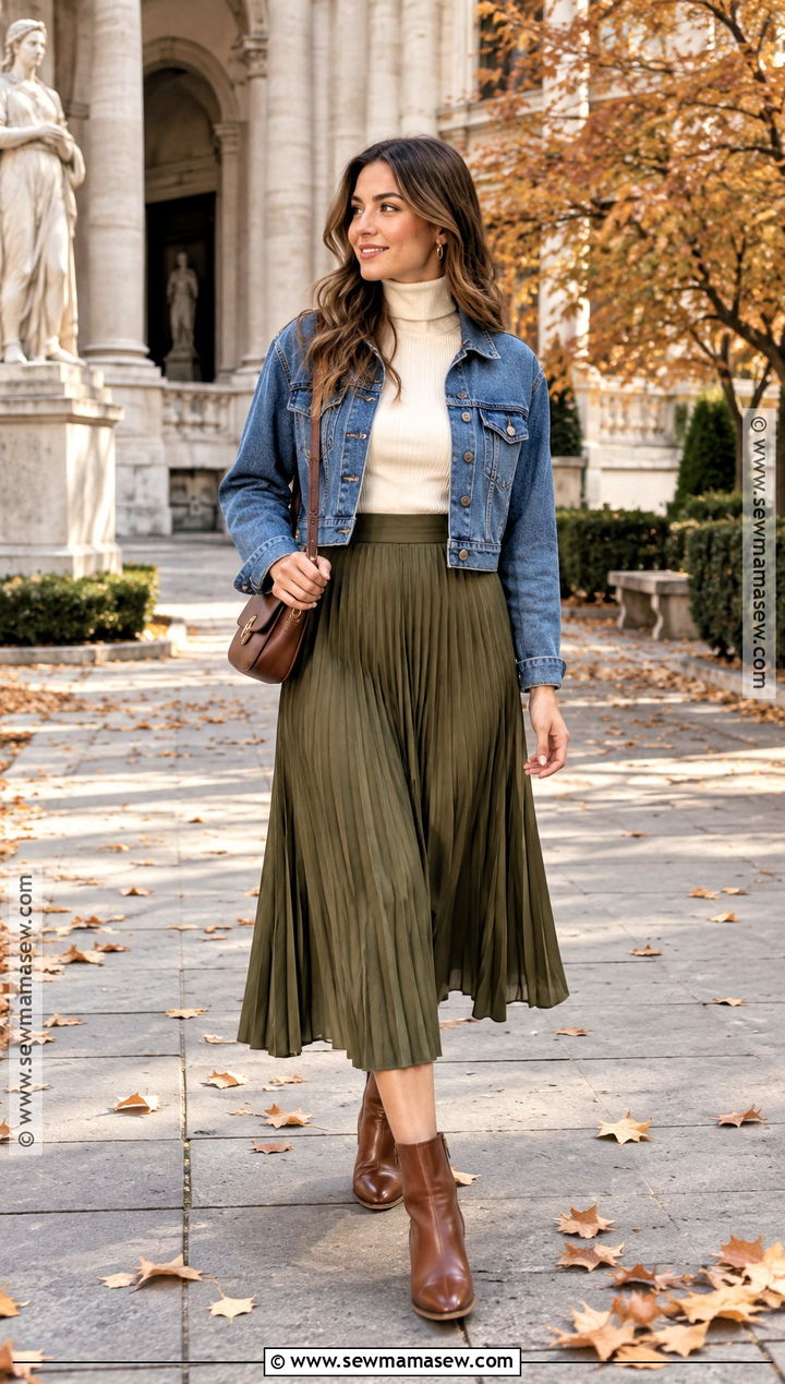 Denim Jacket And Pleated Midi Skirt Fall Outfit - 25 fall autumn outfits